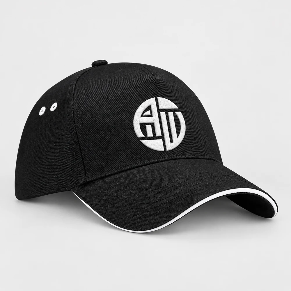 Illustrative APRAWEAR branded ultimate 5-panel cap — sandwich peak mockup