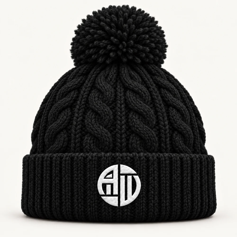 Illustrative APRAWEAR branded cable knit melange beanie mockup