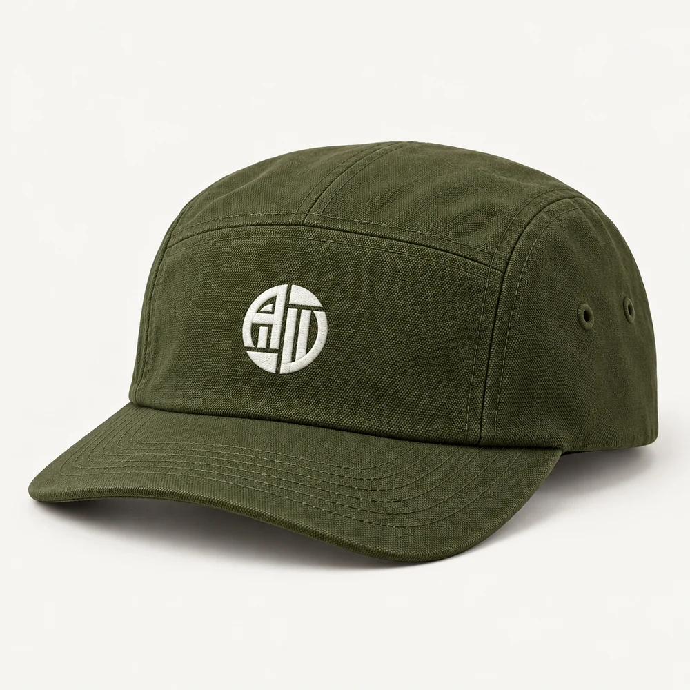 Illustrative APRAWEAR branded canvas 5-panel camper cap mockup