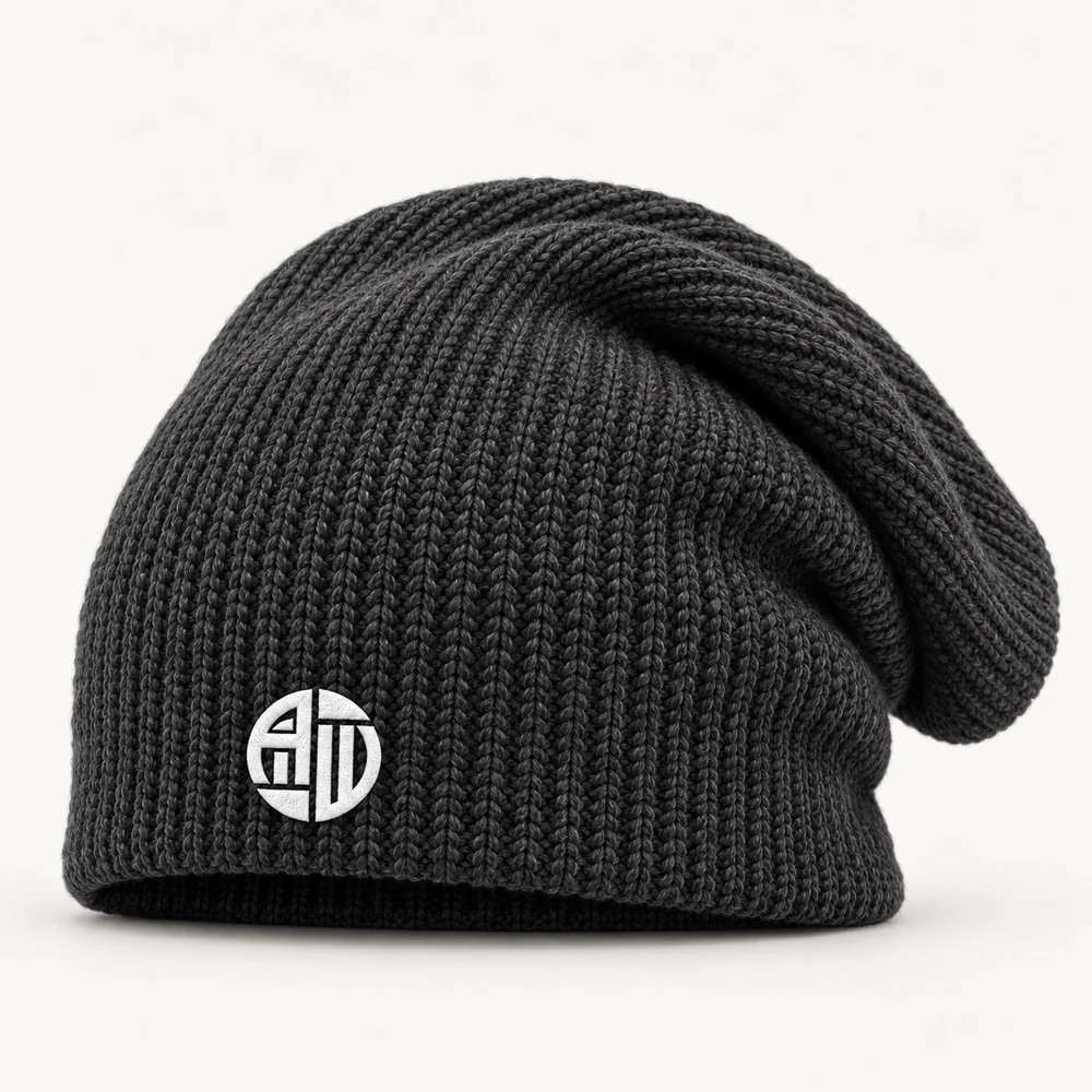 Illustrative APRAWEAR branded slouch beanie mockup