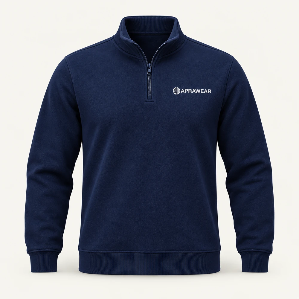 Illustrative APRAWEAR branded quarter-zip sweatshirts mockup