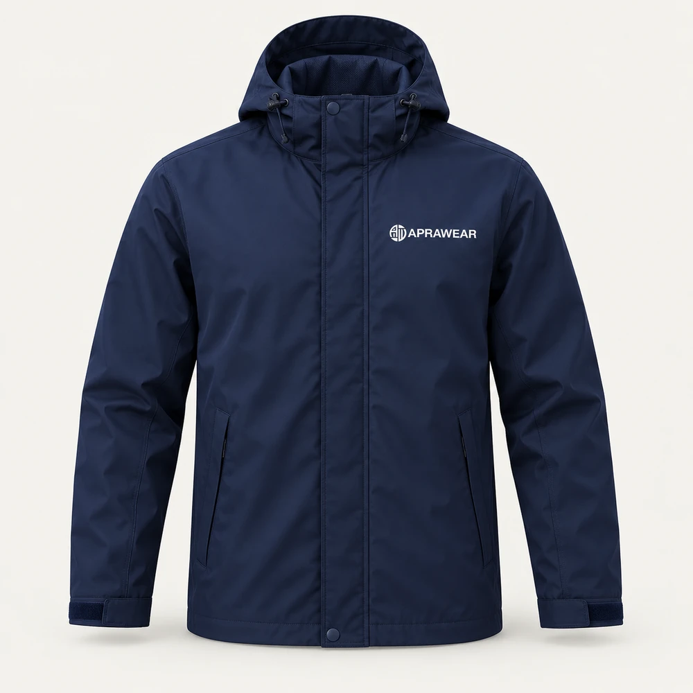 Illustrative APRAWEAR branded rainwear jackets mockup