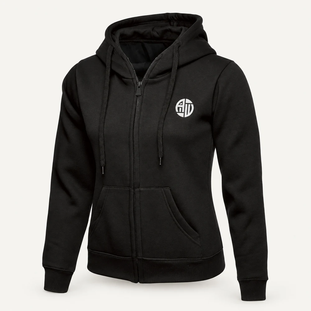 Illustrative APRAWEAR branded women’s classic full zip hooded sweatshirt mockup