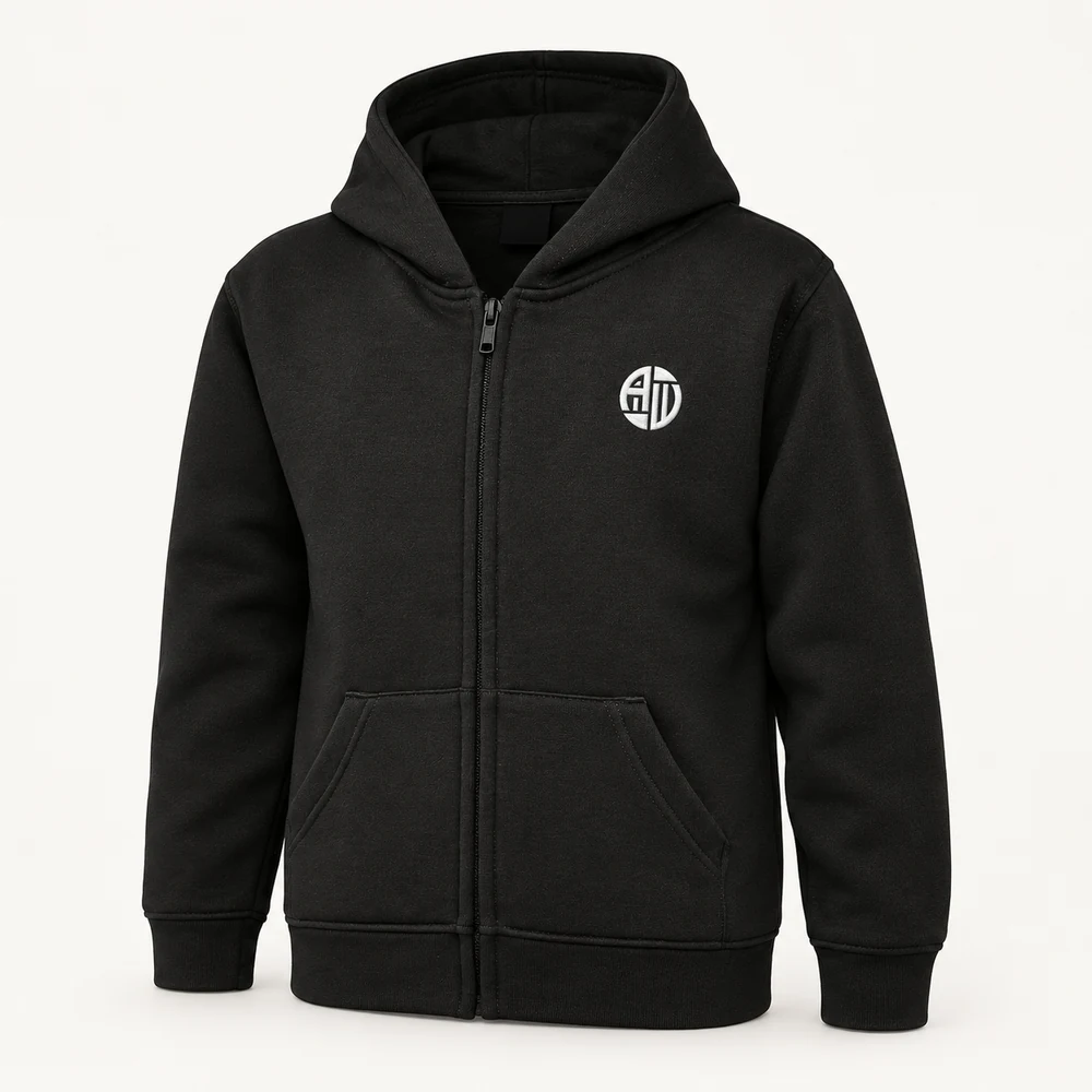 Illustrative APRAWEAR branded children’s classic full zip hooded sweatshirt mockup
