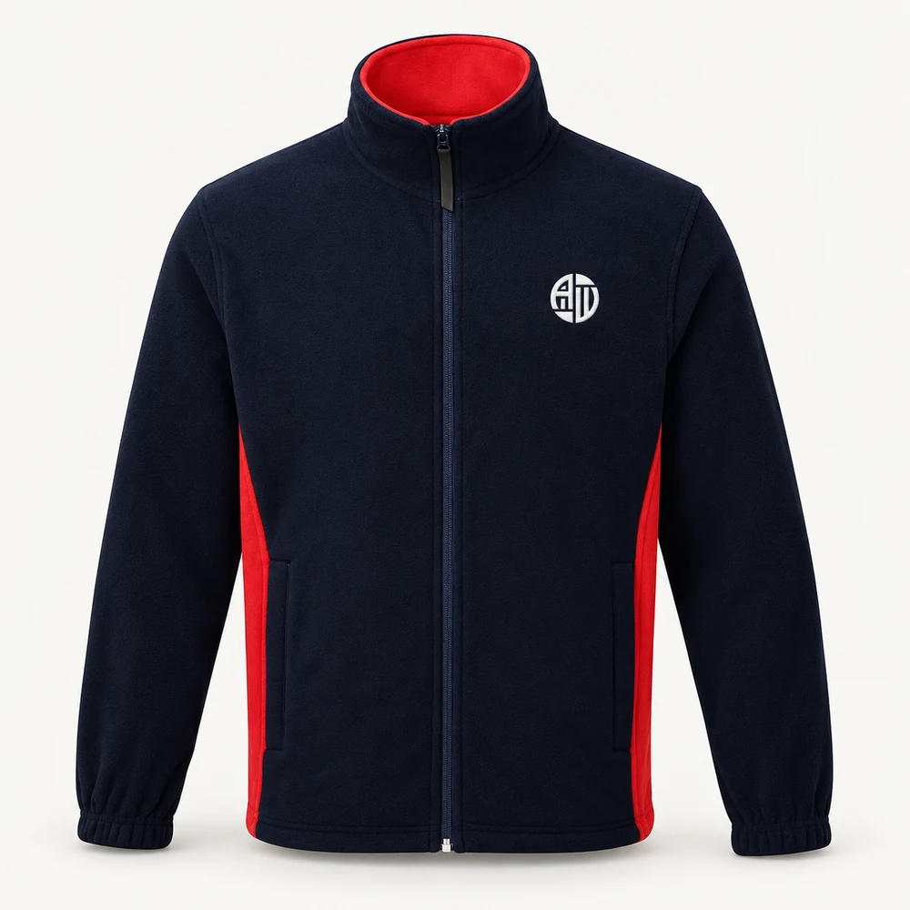 Illustrative APRAWEAR branded two tone full zip fleece jacket mockup
