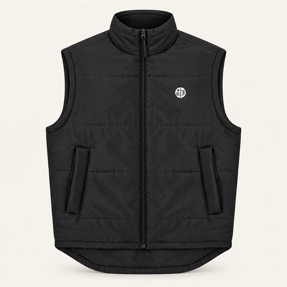 Illustrative APRAWEAR branded padded bodywarmer mockup
