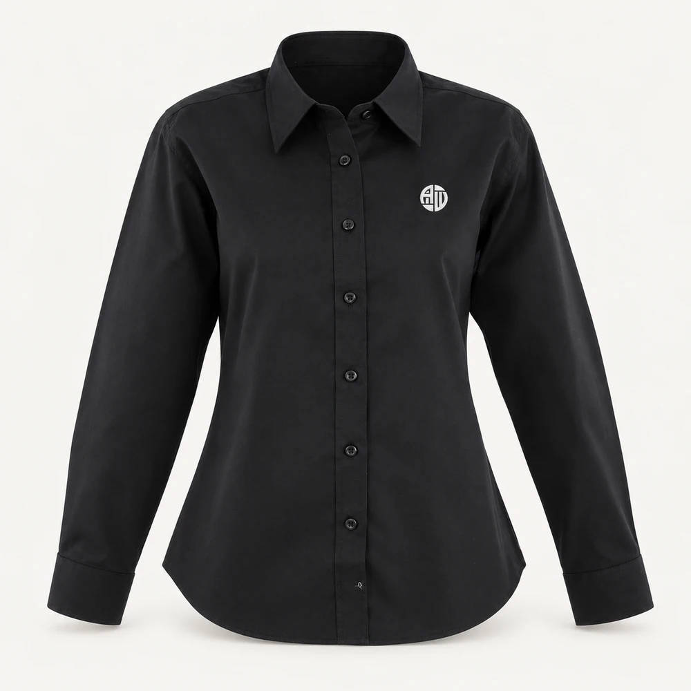 Illustrative APRAWEAR branded women’s pinpoint oxford long sleeve shirt mockup