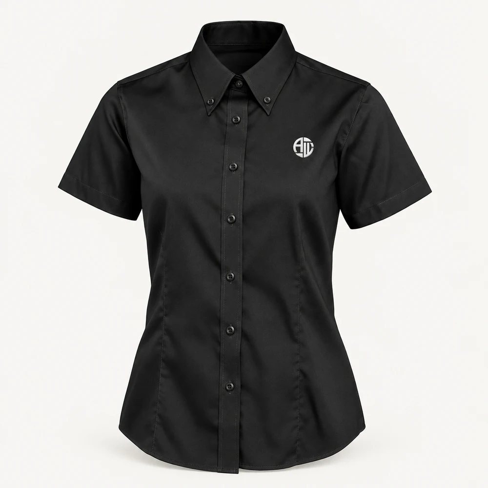 Illustrative APRAWEAR branded women’s pinpoint oxford short sleeve shirt mockup