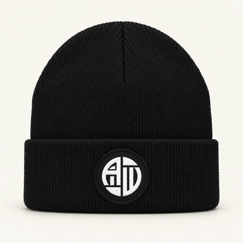 Illustrative APRAWEAR branded circular patch beanie mockup