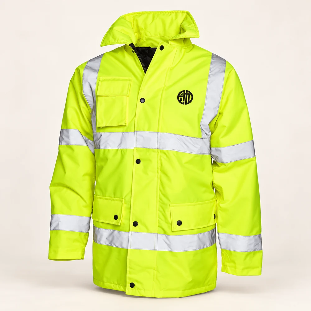 Illustrative APRAWEAR branded hi vis road safety jacket mockup