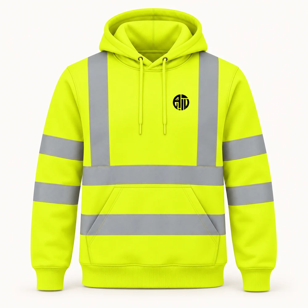 Illustrative APRAWEAR branded hi vis hooded sweatshirt mockup