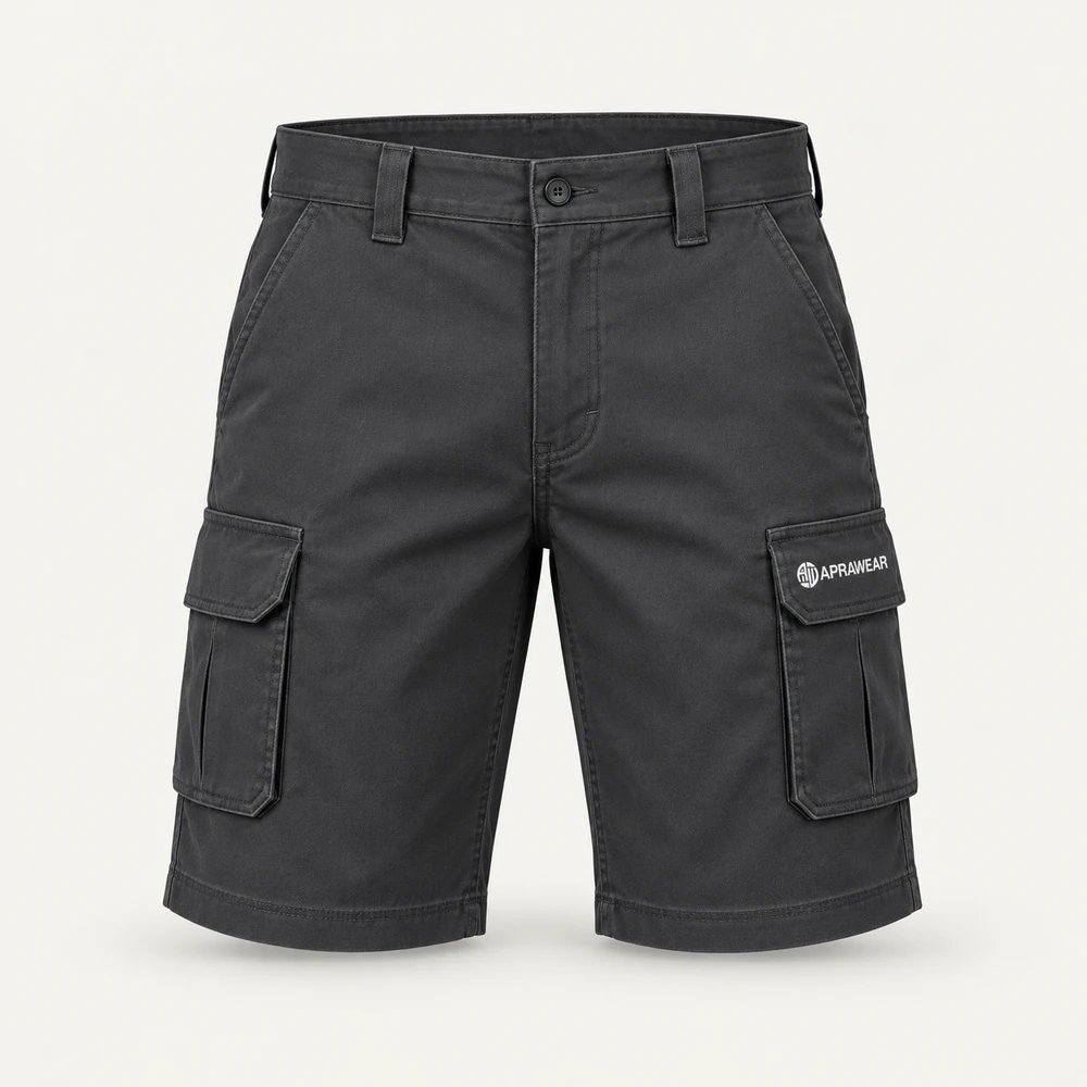 Illustrative APRAWEAR branded cargo work shorts mockup