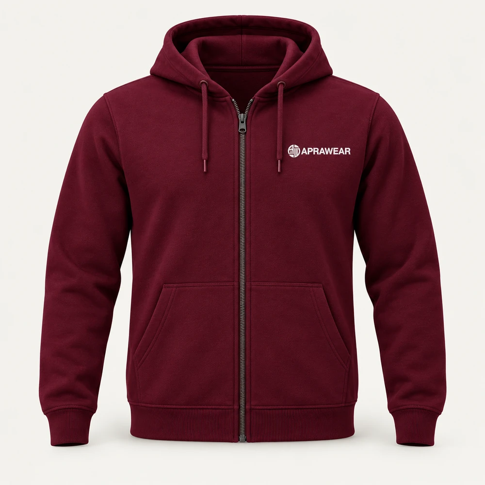 Illustrative APRAWEAR branded full-zip work hoodies mockup
